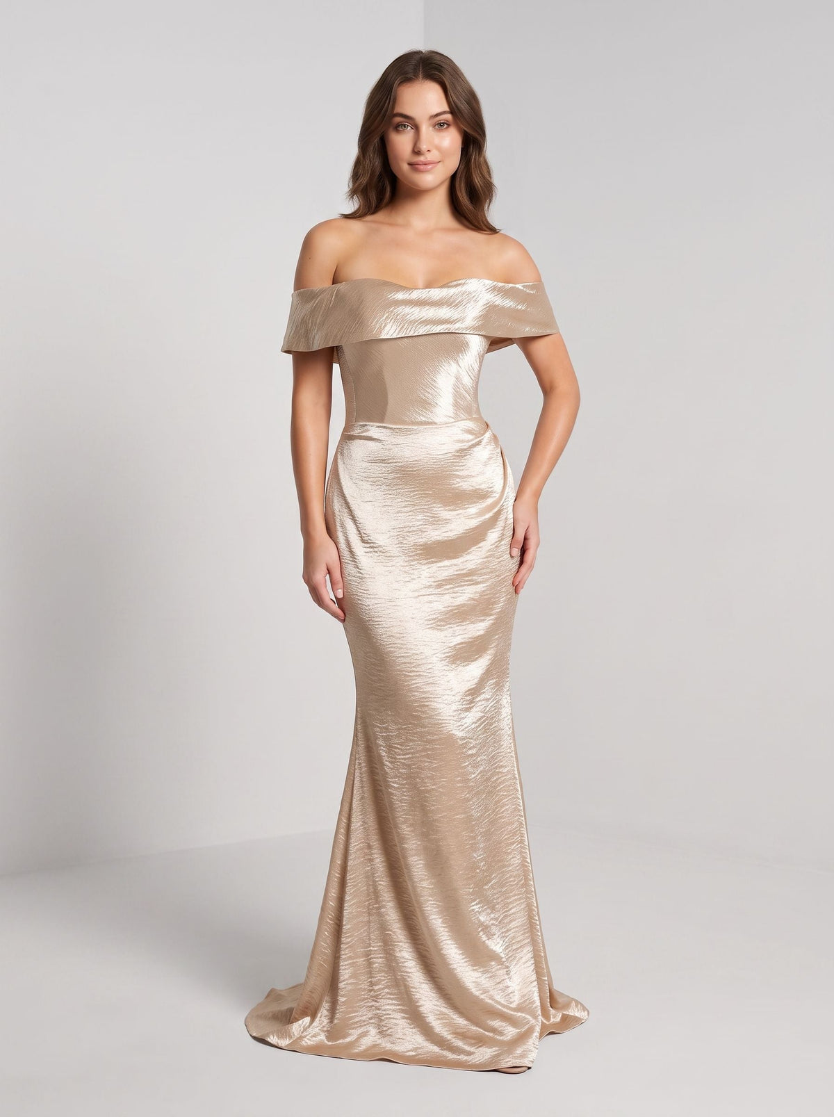 Champagne Satin A-Line Off-the-Shoulder Back Zip Floor-Length Dress with a Draped Bodice - Curvevia