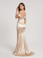 Champagne Satin A-Line Off-the-Shoulder Back Zip Floor-Length Dress with a Draped Bodice - Curvevia