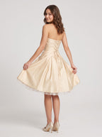 Champagne Satin A-Line Straight Neck Criss-Cross Straps Short Dress with Pleating - Curvevia