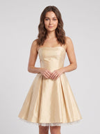 Champagne Satin A-Line Straight Neck Criss-Cross Straps Short Dress with Pleating - Curvevia