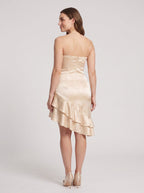 Champagne Satin A-Line Straight Neck Back Zip Short Dress with Cascading Ruffles - Curvevia