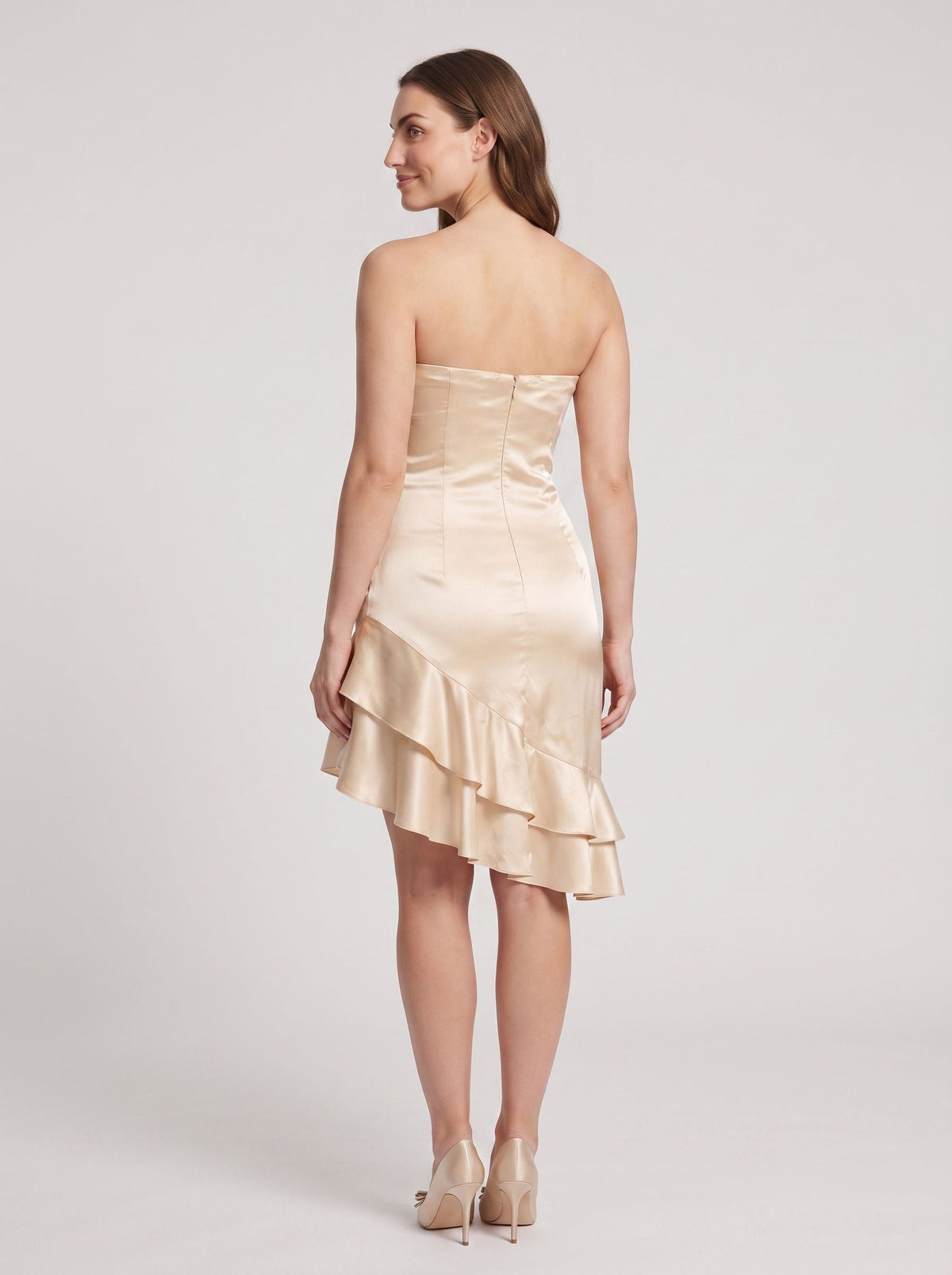 Champagne Satin A-Line Straight Neck Back Zip Short Dress with Cascading Ruffles - Curvevia