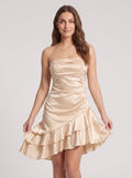 Champagne Satin A-Line Straight Neck Back Zip Short Dress with Cascading Ruffles - Curvevia