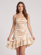 Champagne Satin A-Line Straight Neck Back Zip Short Dress with Cascading Ruffles - Curvevia