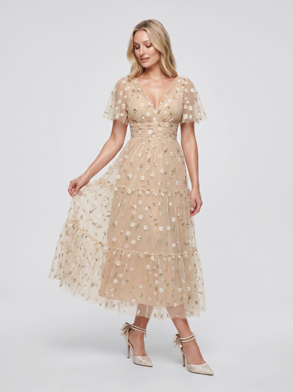 Champagne Satin A-Line V-Neck Back Zip Tea-Length Dress with Short Sleeves - Curvevia