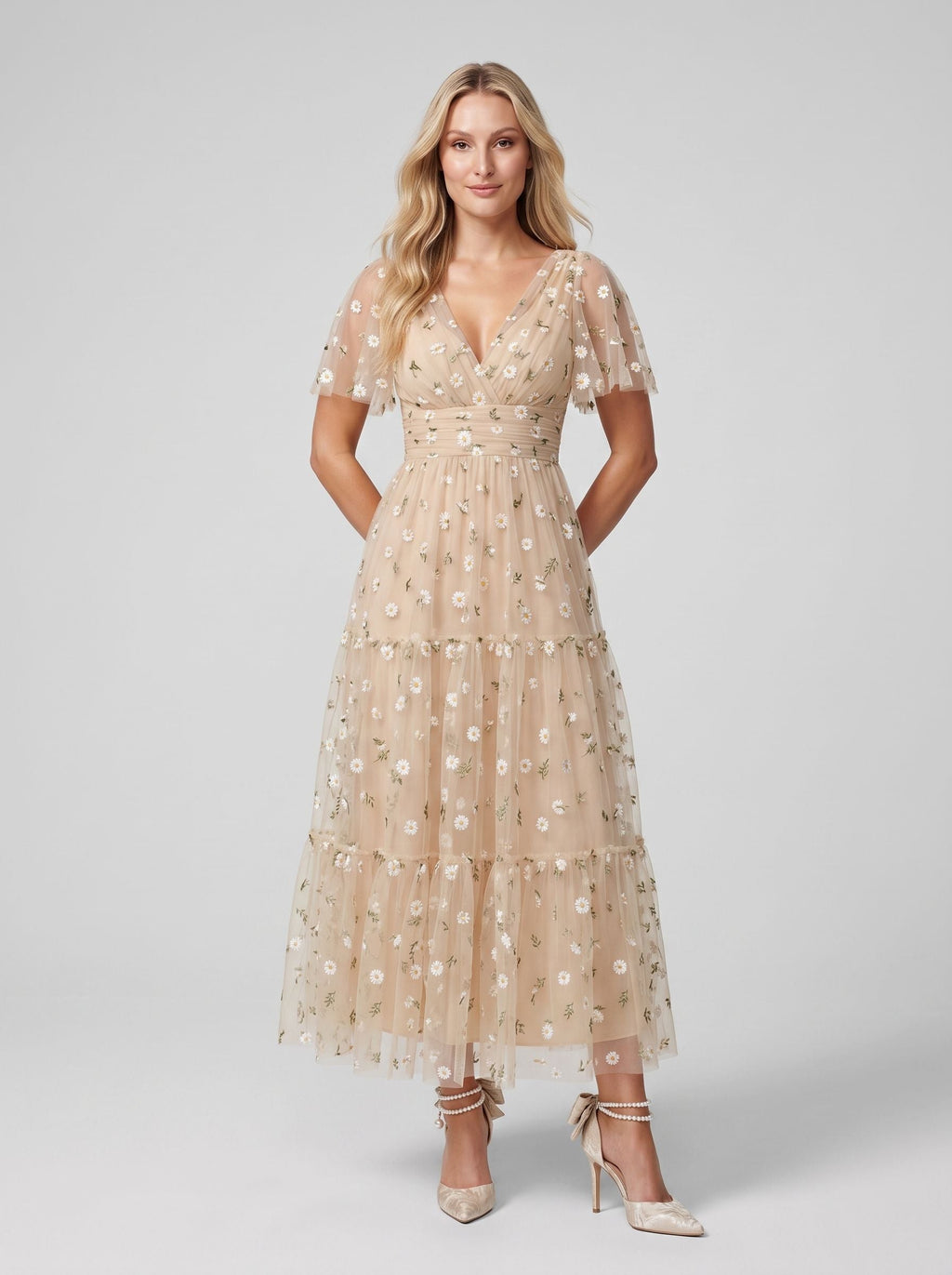 Champagne Satin A-Line V-Neck Back Zip Tea-Length Dress with Short Sleeves - Curvevia