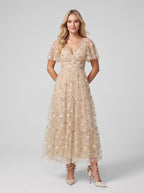 Champagne Satin A-Line V-Neck Back Zip Tea-Length Dress with Short Sleeves - Curvevia