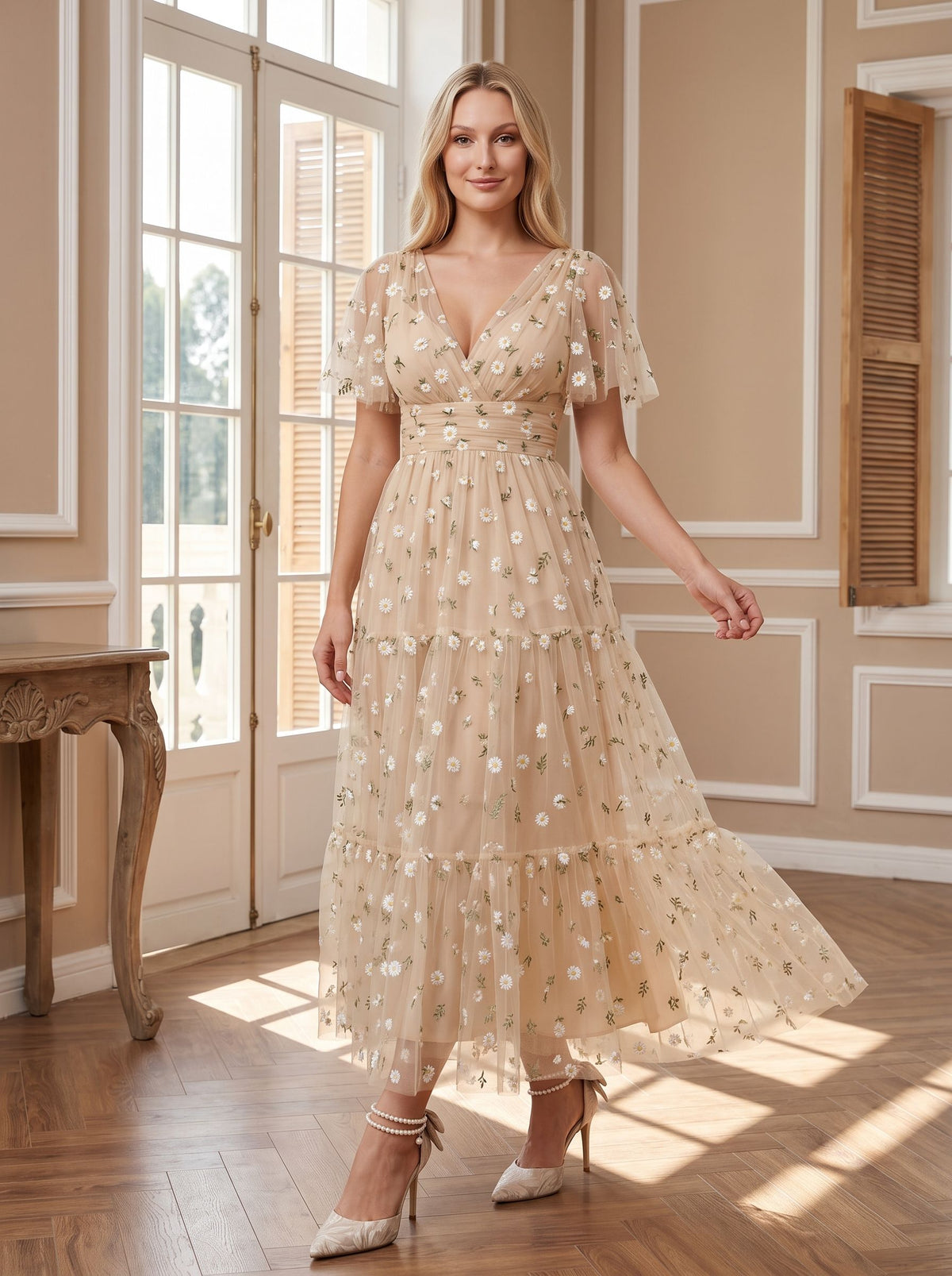 Champagne Satin A-Line V-Neck Back Zip Tea-Length Dress with Short Sleeves - Curvevia