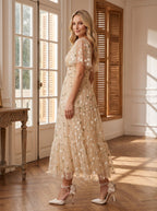 Champagne Satin A-Line V-Neck Back Zip Tea-Length Dress with Short Sleeves - Curvevia