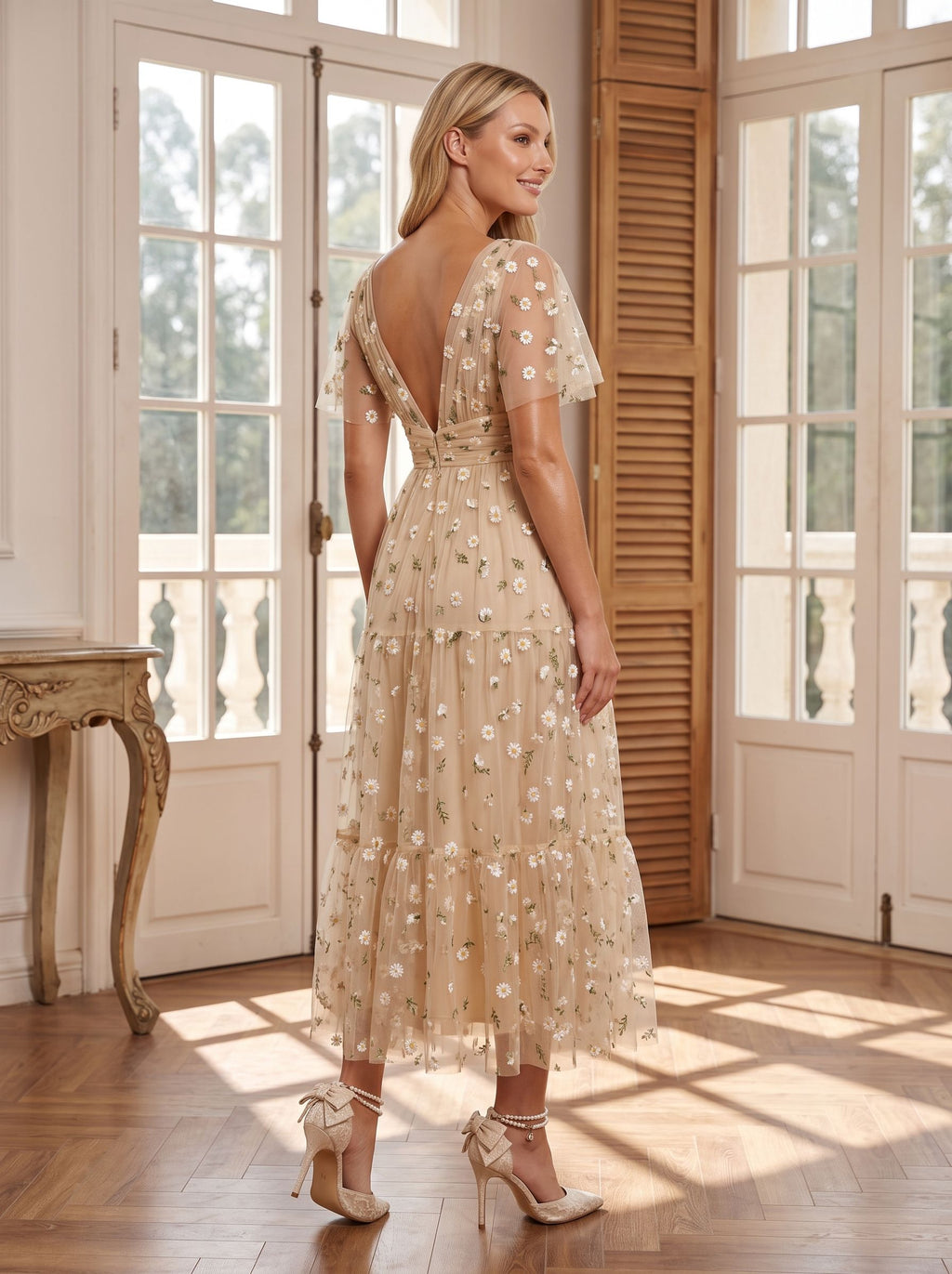 Champagne Satin A-Line V-Neck Back Zip Tea-Length Dress with Short Sleeves - Curvevia