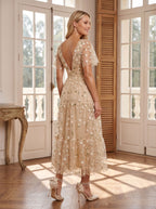 Champagne Satin A-Line V-Neck Back Zip Tea-Length Dress with Short Sleeves - Curvevia