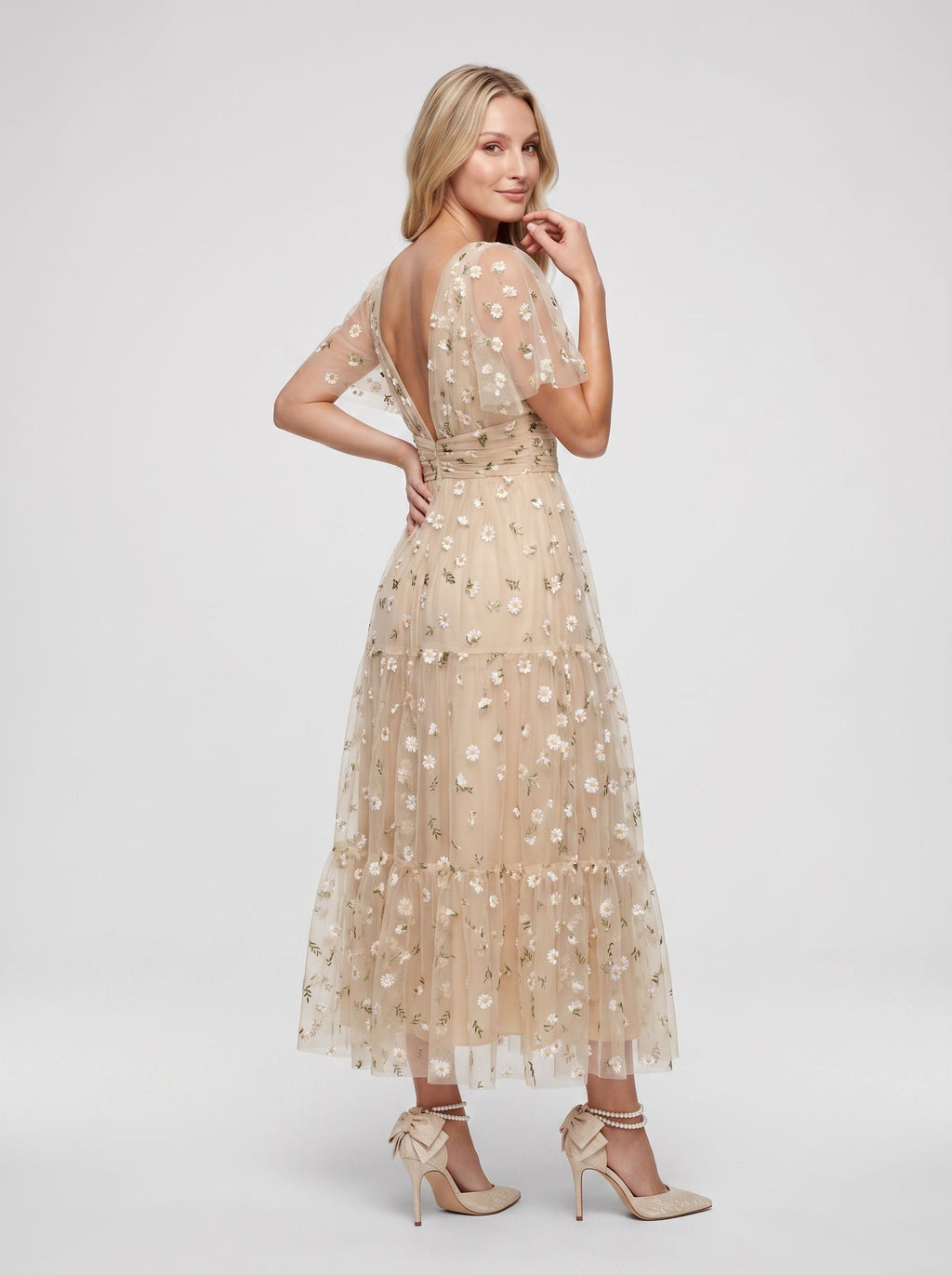 Champagne Satin A-Line V-Neck Back Zip Tea-Length Dress with Short Sleeves - Curvevia