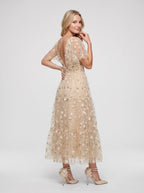 Champagne Satin A-Line V-Neck Back Zip Tea-Length Dress with Short Sleeves - Curvevia