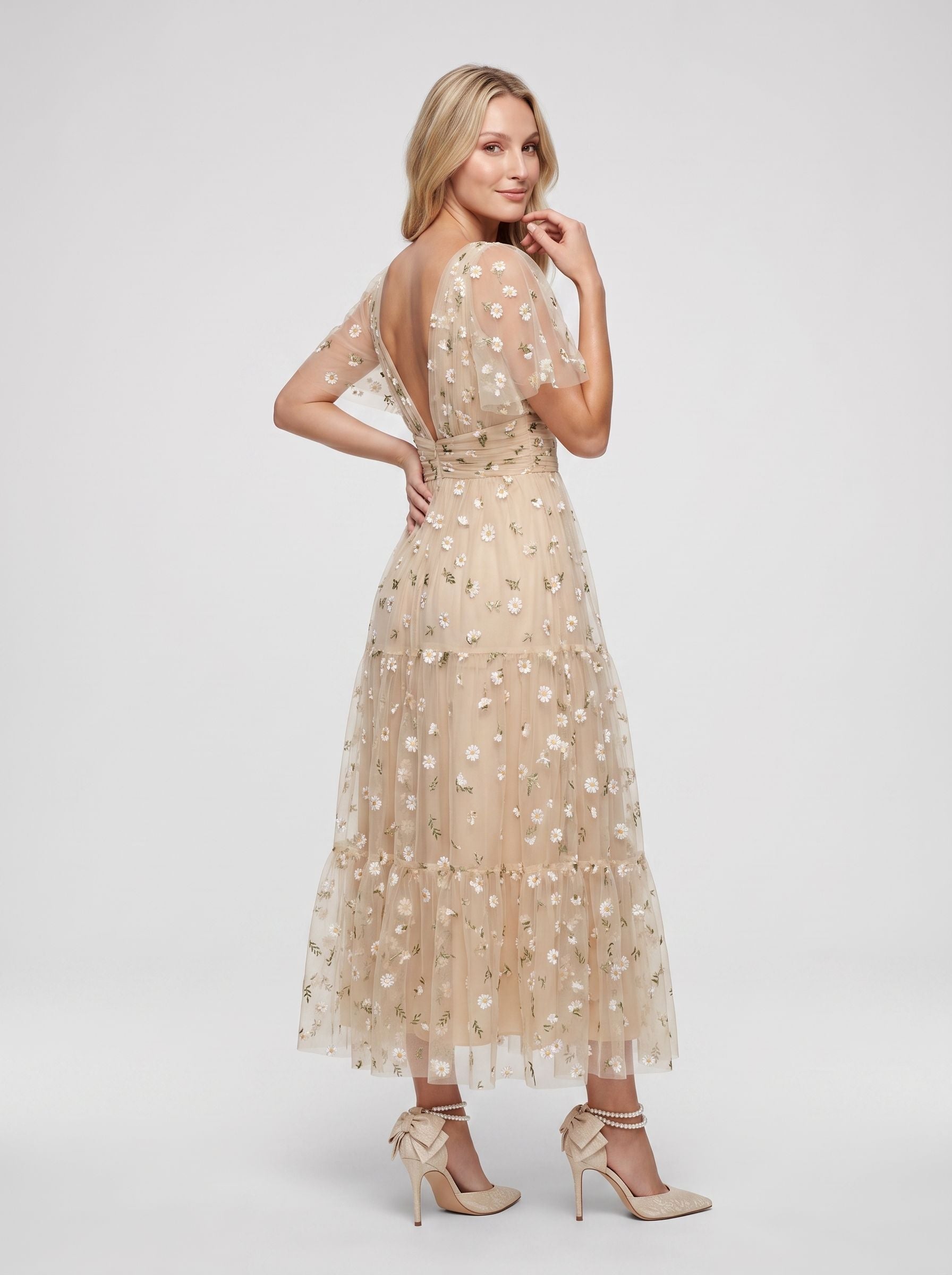 Champagne Satin A-Line V-Neck Back Zip Tea-Length Dress with Short Sleeves - Curvevia