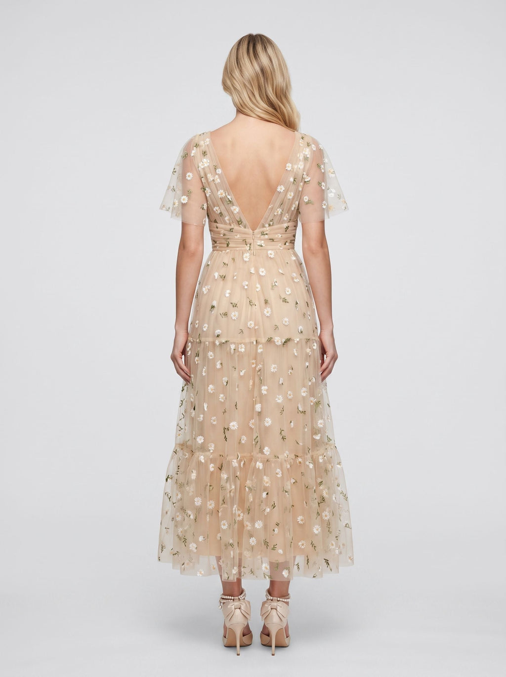 Champagne Satin A-Line V-Neck Back Zip Tea-Length Dress with Short Sleeves - Curvevia