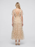 Champagne Satin A-Line V-Neck Back Zip Tea-Length Dress with Short Sleeves - Curvevia