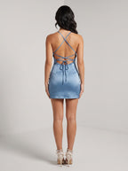 Steel Blue Satin Sheath Cowl Neck Criss-Cross Straps Short Dress with Draped Cowl Bodice - Curvevia