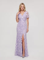 Lilac Tulle Mermaid V-Neck Back Zip Floor-Length Dress with Ruching - Curvevia