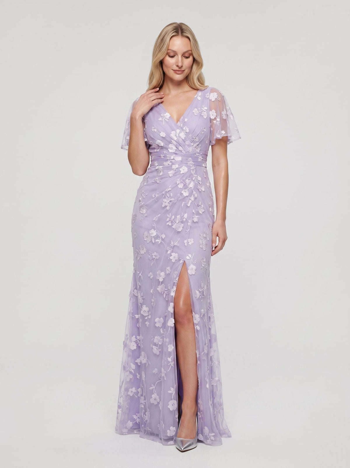 Lilac Tulle Mermaid V-Neck Back Zip Floor-Length Dress with Ruching - Curvevia