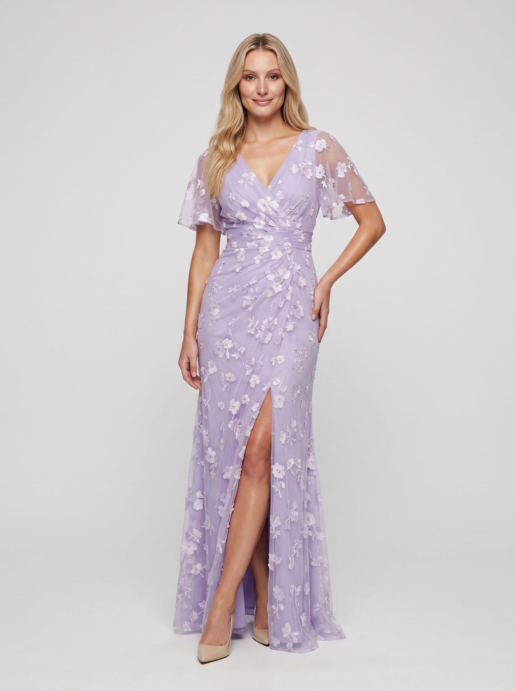 Lilac Tulle Mermaid V-Neck Back Zip Floor-Length Dress with Ruching - Curvevia