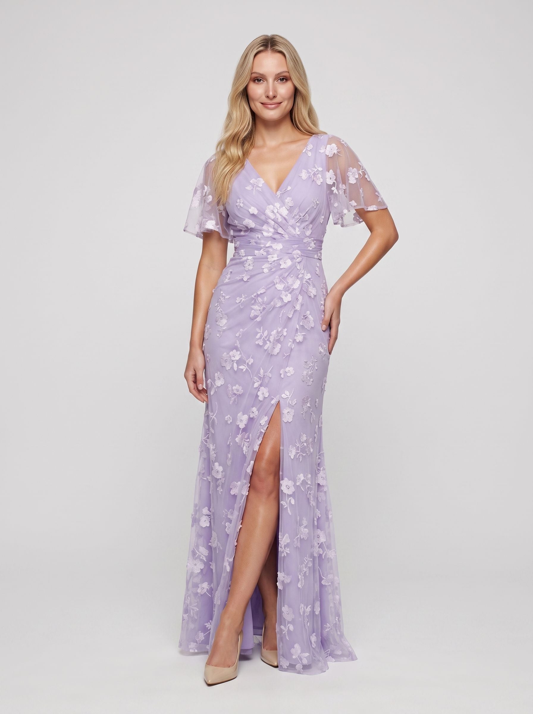 Lilac Tulle Mermaid V-Neck Back Zip Floor-Length Dress with Ruching - Curvevia