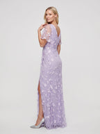 Lilac Tulle Mermaid V-Neck Back Zip Floor-Length Dress with Ruching - Curvevia