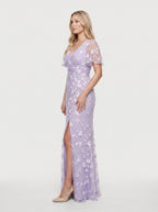 Lilac Tulle Mermaid V-Neck Back Zip Floor-Length Dress with Ruching - Curvevia