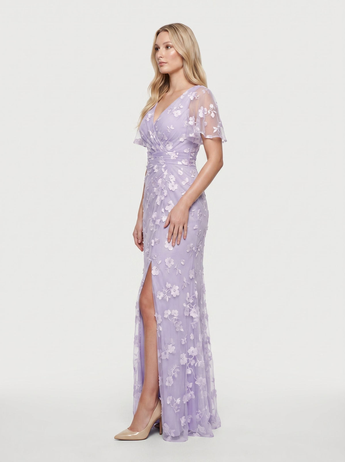 Lilac Tulle Mermaid V-Neck Back Zip Floor-Length Dress with Ruching - Curvevia