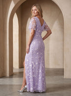 Lilac Tulle Mermaid V-Neck Back Zip Floor-Length Dress with Ruching - Curvevia