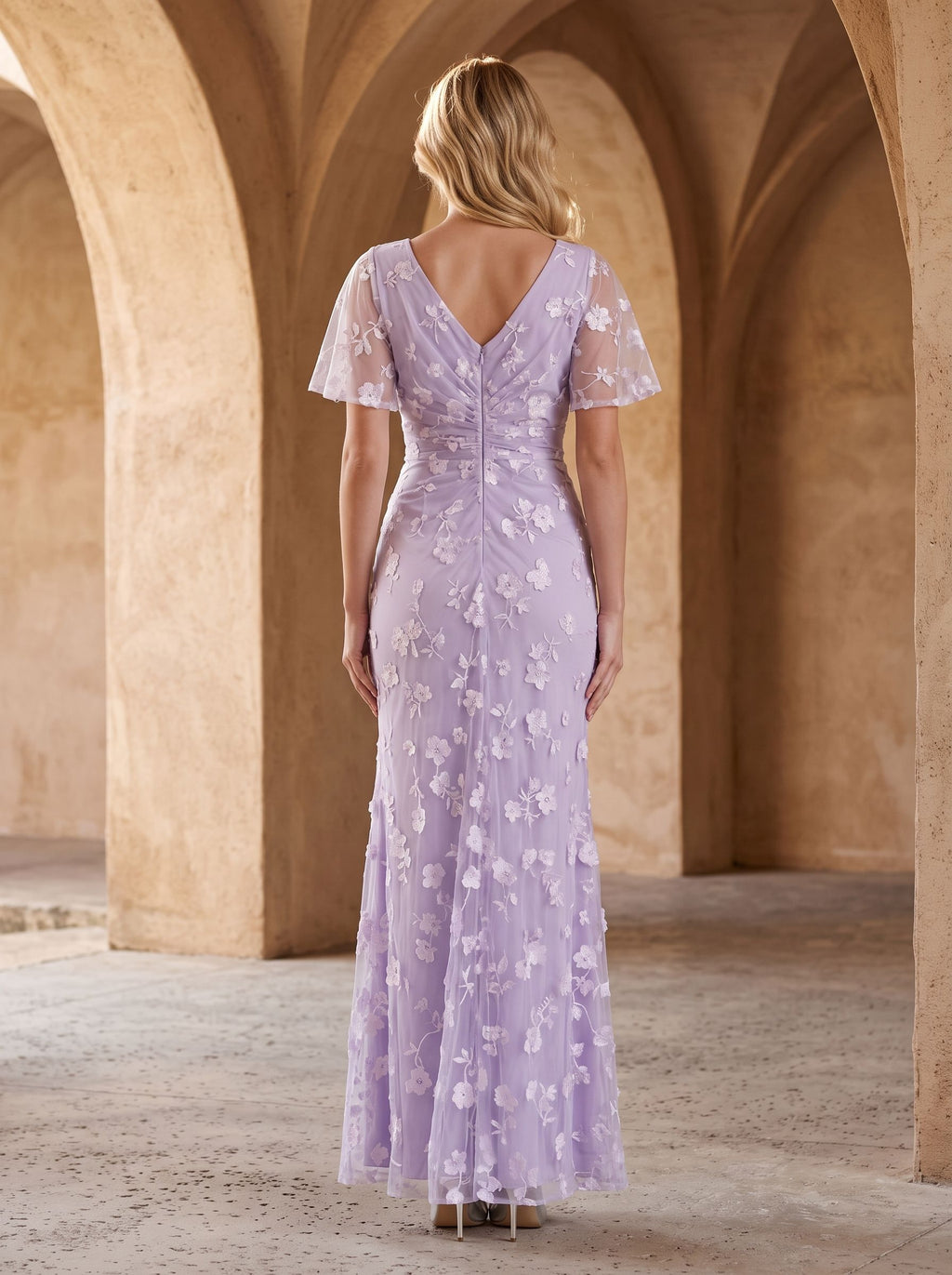 Lilac Tulle Mermaid V-Neck Back Zip Floor-Length Dress with Ruching - Curvevia