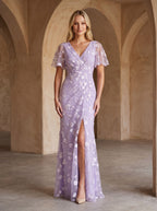 Lilac Tulle Mermaid V-Neck Back Zip Floor-Length Dress with Ruching - Curvevia