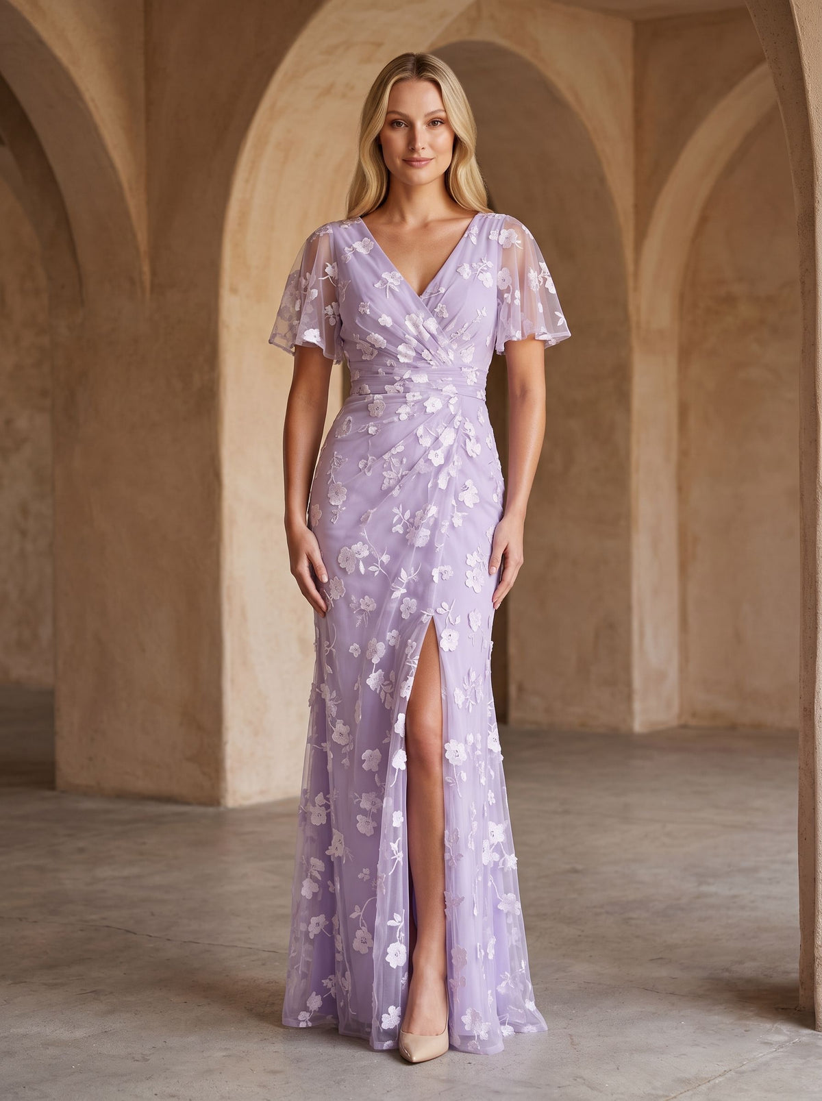 Lilac Tulle Mermaid V-Neck Back Zip Floor-Length Dress with Ruching - Curvevia
