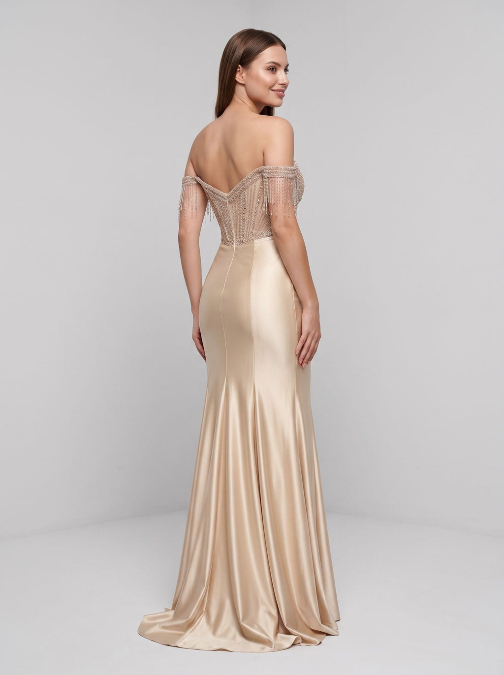Champagne Satin Mermaid Off-the-Shoulder Illusion Floor-Length Dress with Beaded Fringe Bodice - Curvevia