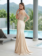 Champagne Satin Mermaid Off-the-Shoulder Illusion Floor-Length Dress with Beaded Fringe Bodice - Curvevia