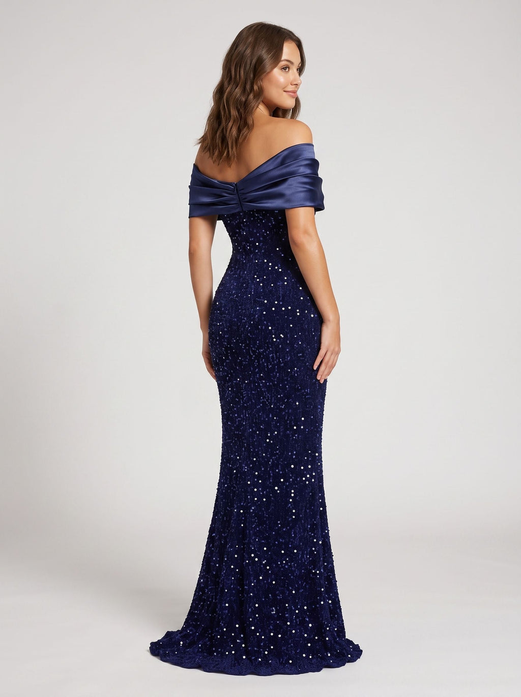 Dark Navy Satin Mermaid Off-the-Shoulder Back Zip Floor-Length Dress with Glittering Bow Accent - Curvevia