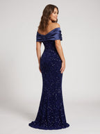 Dark Navy Satin Mermaid Off-the-Shoulder Back Zip Floor-Length Dress with Glittering Bow Accent - Curvevia