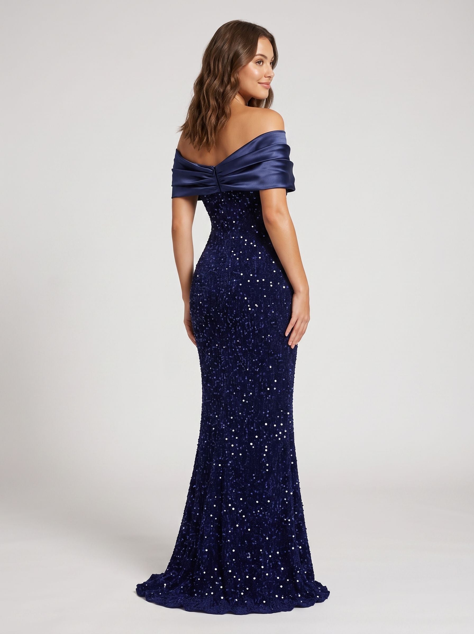 Dark Navy Satin Mermaid Off-the-Shoulder Back Zip Floor-Length Dress with Glittering Bow Accent - Curvevia