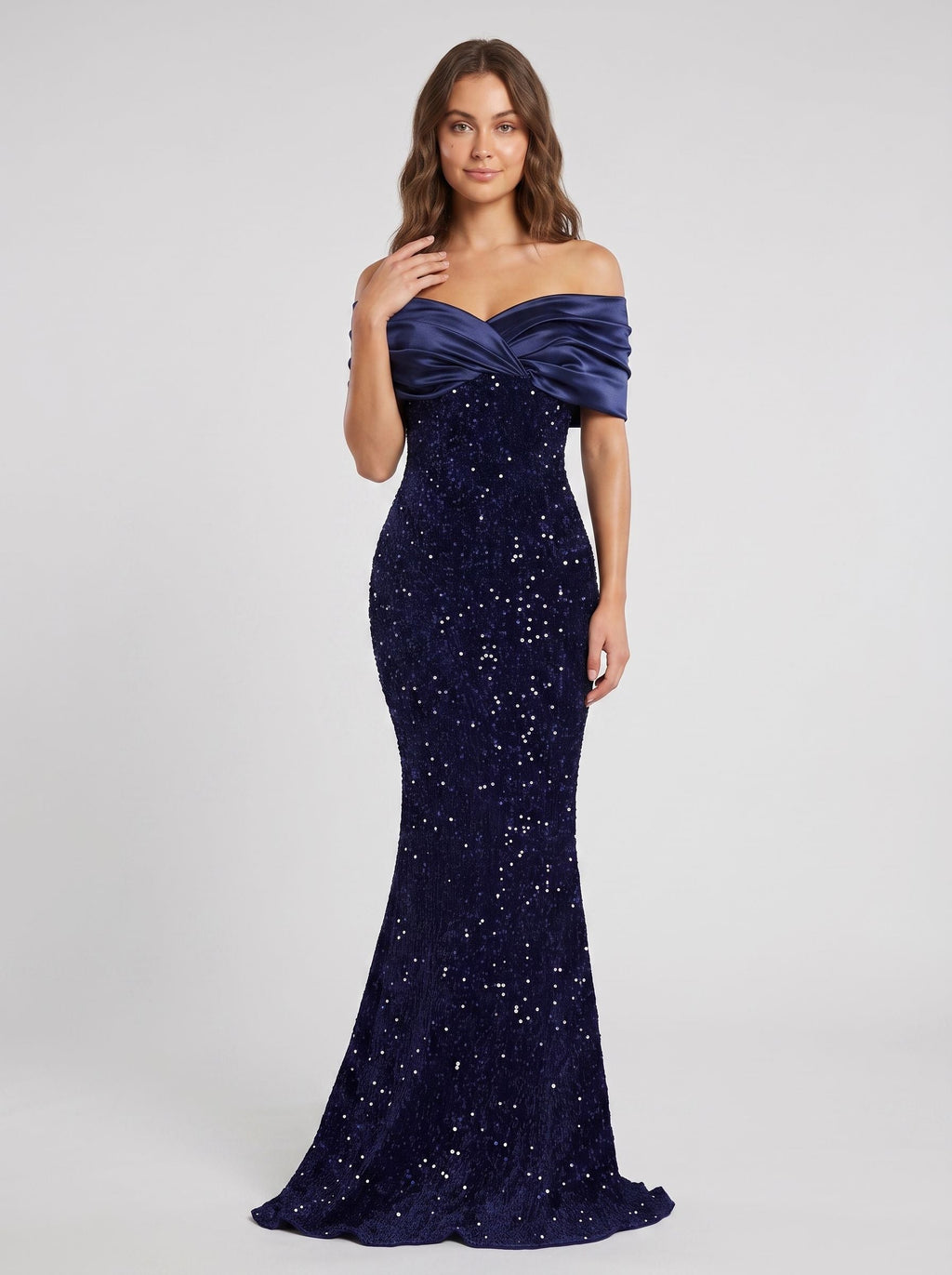 Dark Navy Satin Mermaid Off-the-Shoulder Back Zip Floor-Length Dress with Glittering Bow Accent - Curvevia