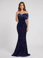 Dark Navy Satin Mermaid Off-the-Shoulder Back Zip Floor-Length Dress with Glittering Bow Accent - Curvevia