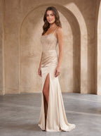 Champagne Satin Sheath Straight Neck Lace-up Floor-Length Dress with Beading - Curvevia