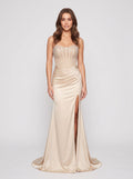 Champagne Satin Sheath Straight Neck Lace-up Floor-Length Dress with Beading - Curvevia