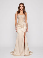 Champagne Satin Sheath Straight Neck Lace-up Floor-Length Dress with Beading - Curvevia