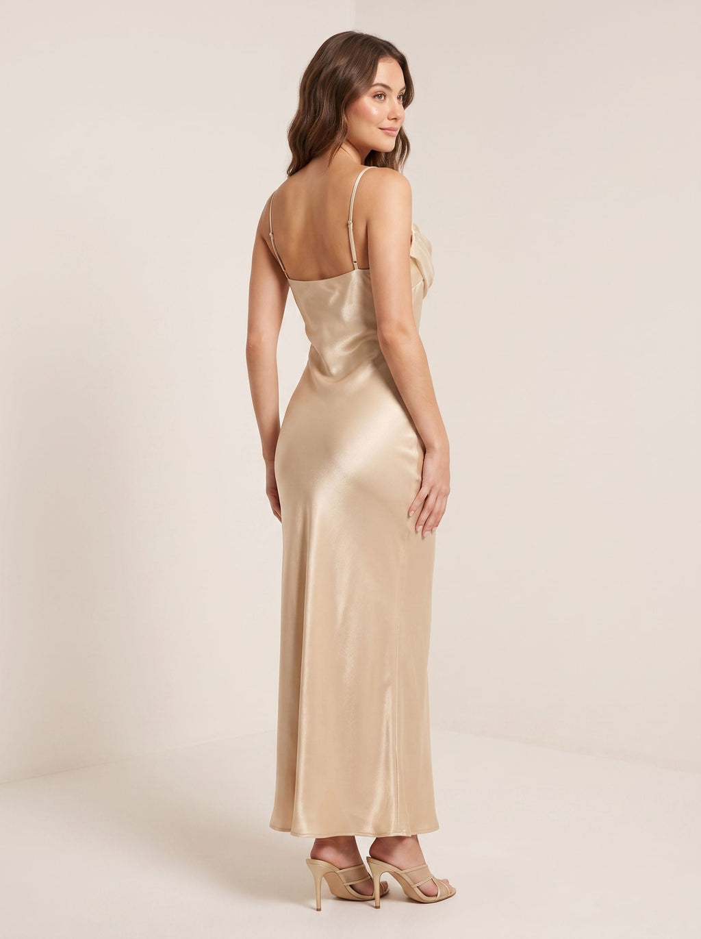 Champagne Satin Sheath Straight Neck Back Zip Floor-Length Dress with Pleated bodice - Curvevia