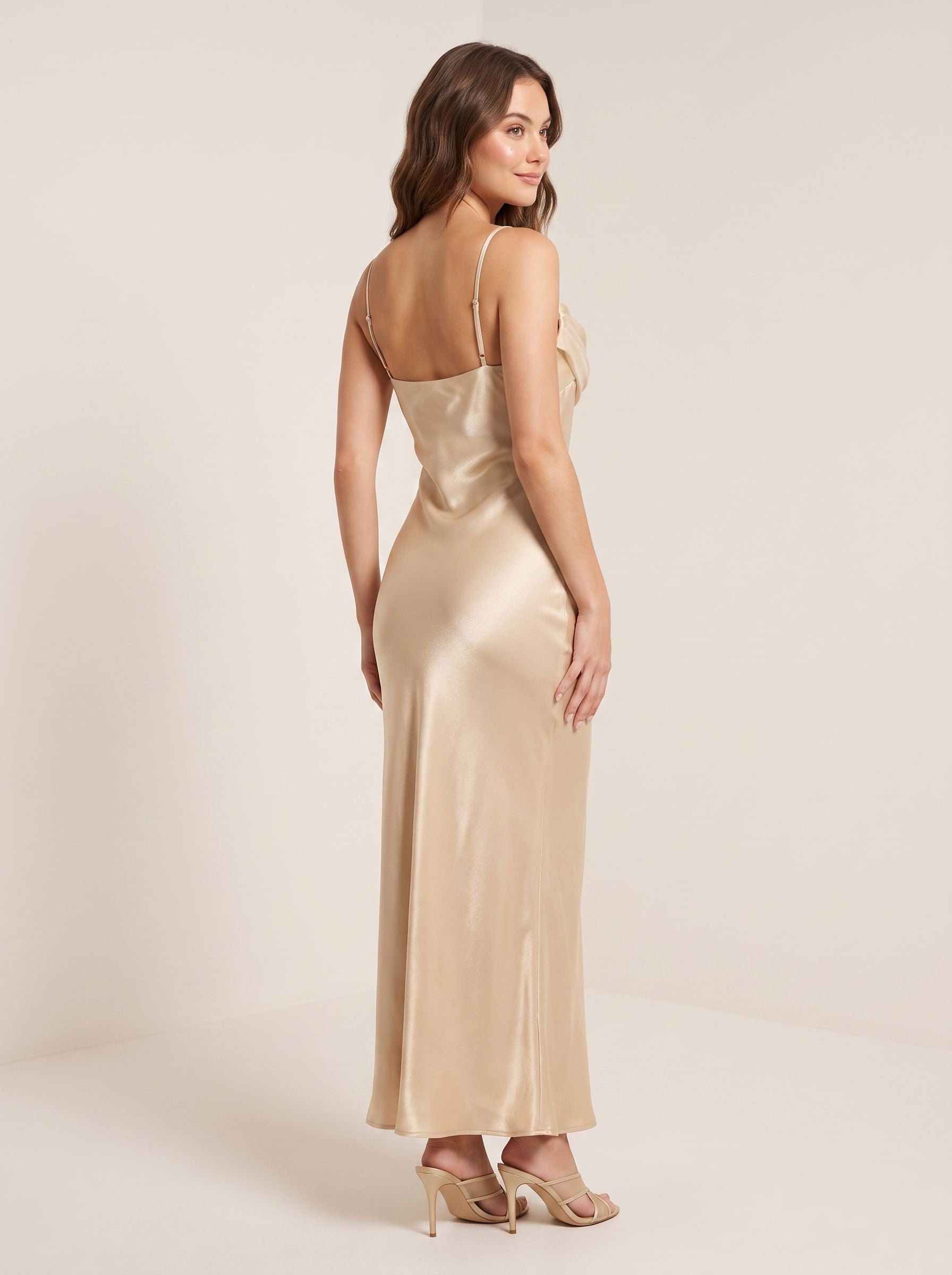 Champagne Satin Sheath Straight Neck Back Zip Floor-Length Dress with Pleated bodice - Curvevia