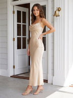 Champagne Satin Sheath Straight Neck Back Zip Floor-Length Dress with Pleated bodice - Curvevia