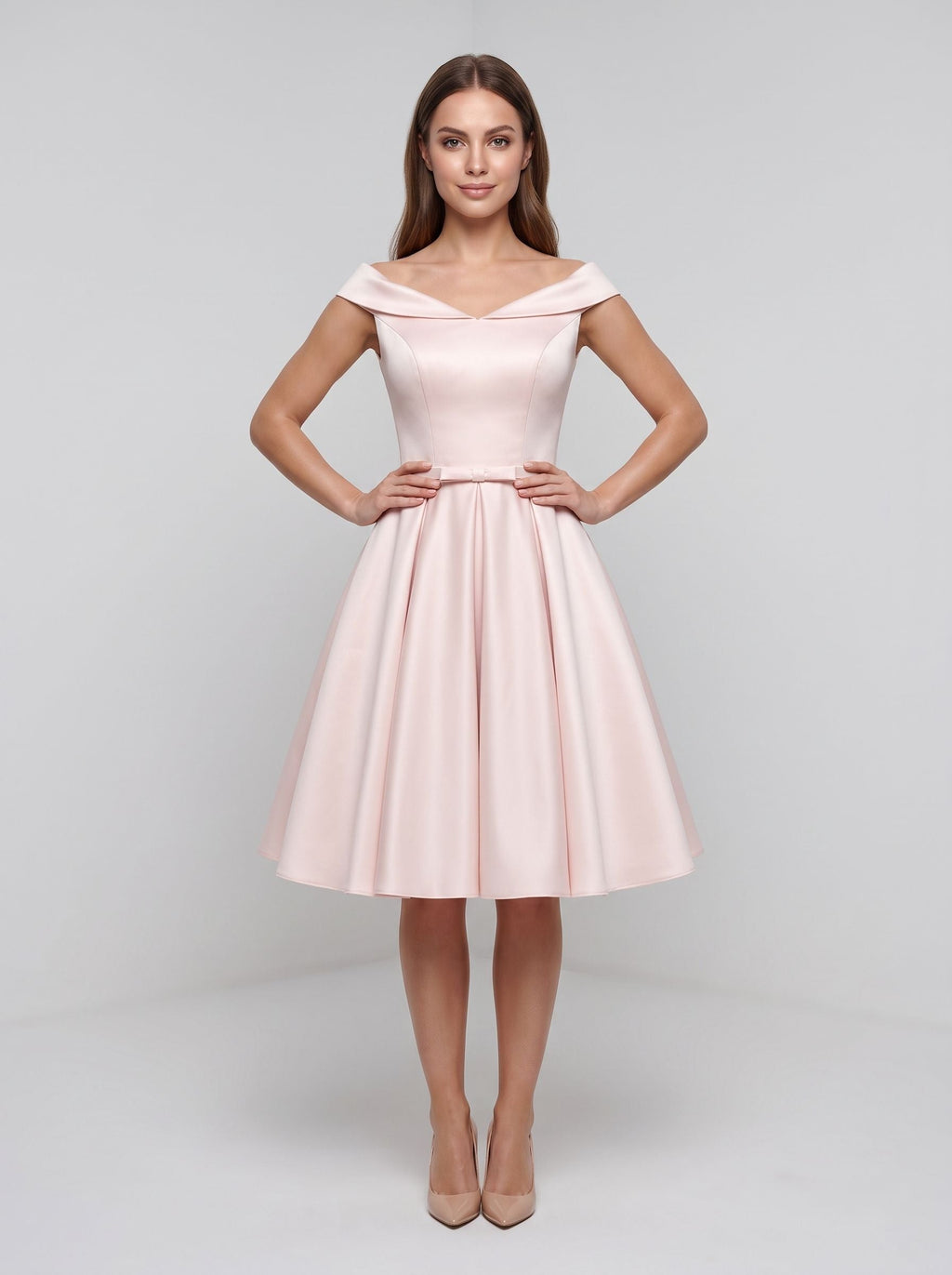 Blushing Pink Satin A-Line V-Neck Lace-up short Dress with Pleated Skirt with Side Pockets - Curvevia