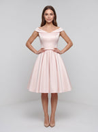 Blushing Pink Satin A-Line V-Neck Lace-up short Dress with Pleated Skirt with Side Pockets - Curvevia