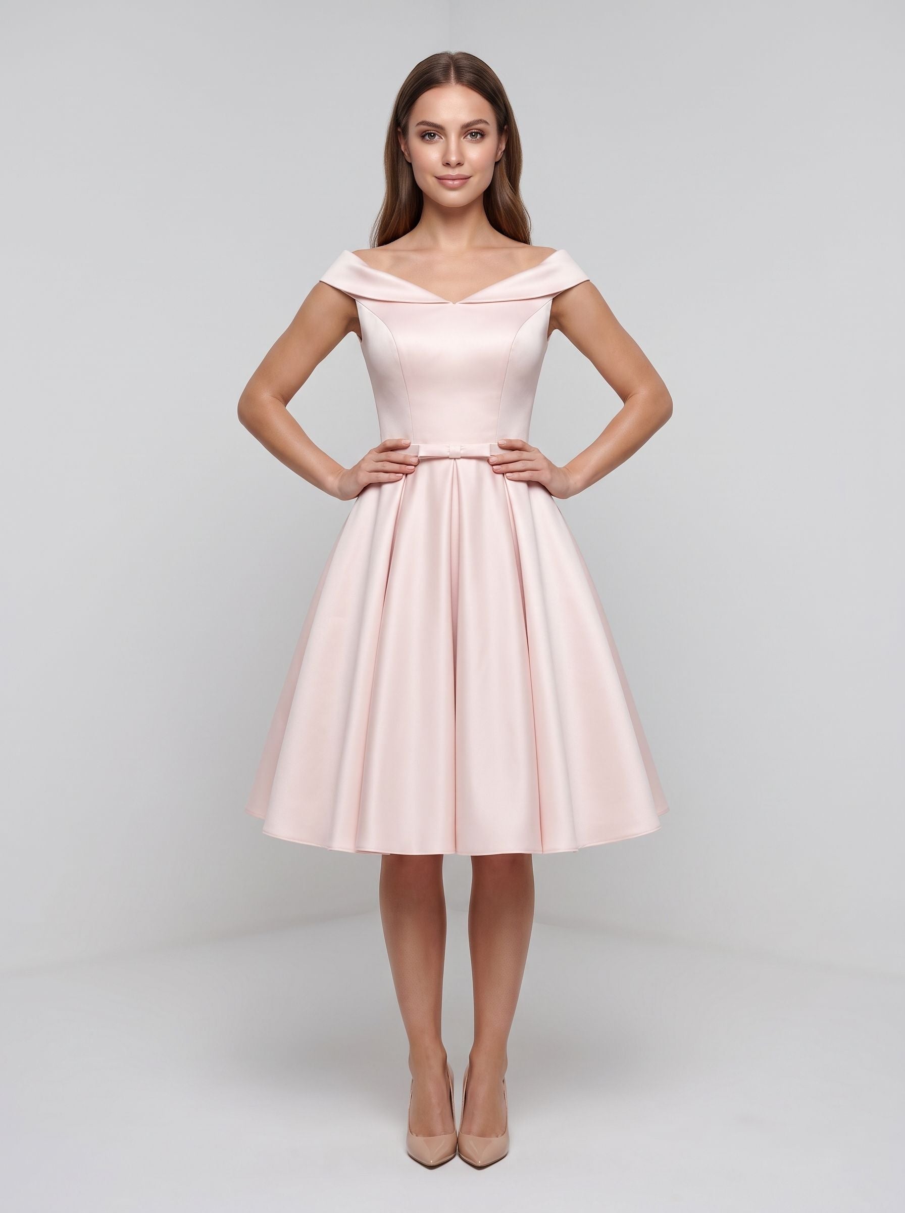 Blushing Pink Satin A-Line V-Neck Lace-up short Dress with Pleated Skirt with Side Pockets - Curvevia