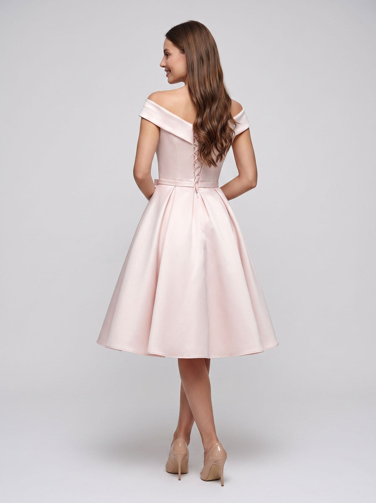 Blushing Pink Satin A-Line V-Neck Lace-up short Dress with Pleated Skirt with Side Pockets - Curvevia