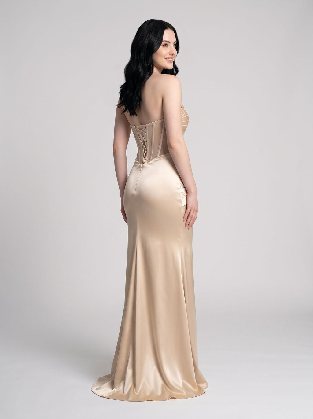 Champagne Satin Mermaid Sweetheart Corset Back Floor-Length Dress with Diagonal Hip Ruching - Curvevia